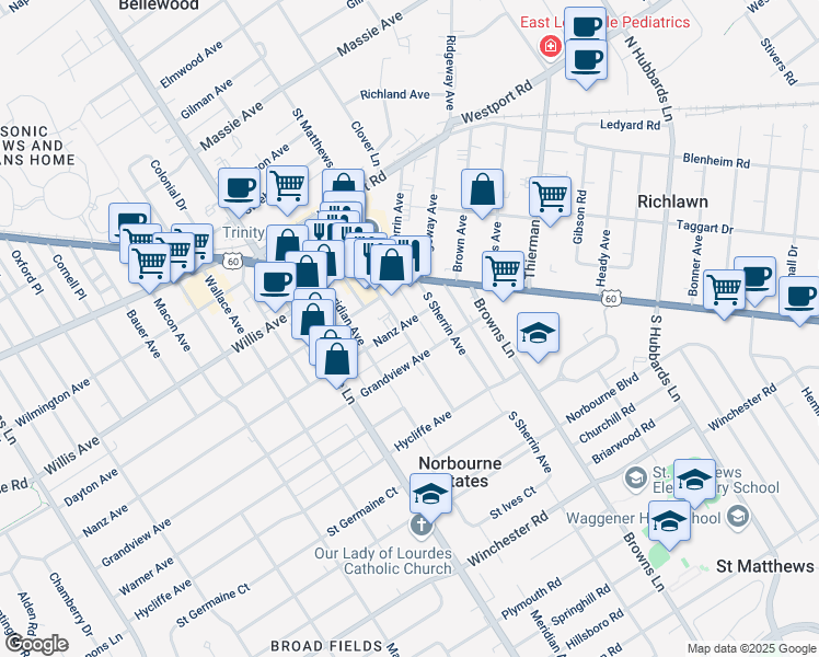 map of restaurants, bars, coffee shops, grocery stores, and more near 125 Fairfax Avenue in Louisville