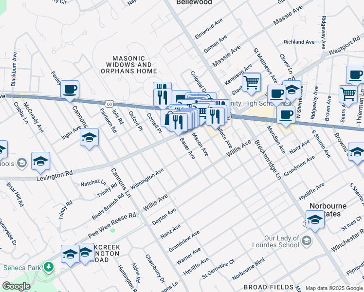 map of restaurants, bars, coffee shops, grocery stores, and more near 3700 Lexington Road in Louisville