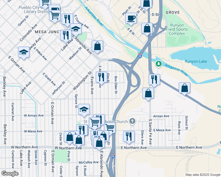 map of restaurants, bars, coffee shops, grocery stores, and more near 914 Elm Street in Pueblo