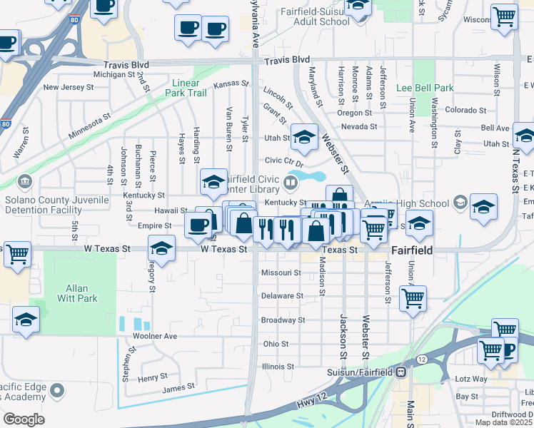 map of restaurants, bars, coffee shops, grocery stores, and more near 1234 Empire St in Fairfield