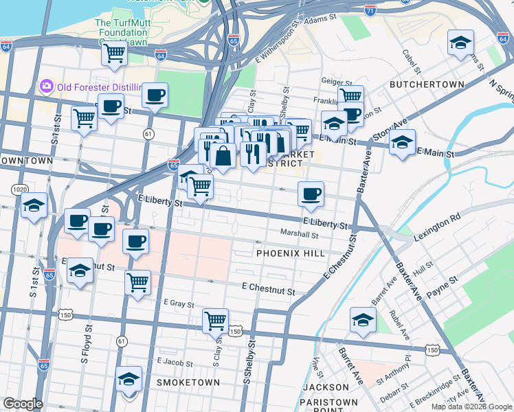map of restaurants, bars, coffee shops, grocery stores, and more near 320 South Shelby Street in Louisville