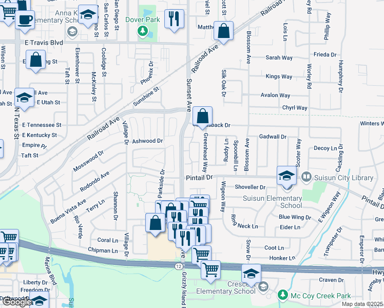 map of restaurants, bars, coffee shops, grocery stores, and more near 313 Sandy Lane in Suisun City