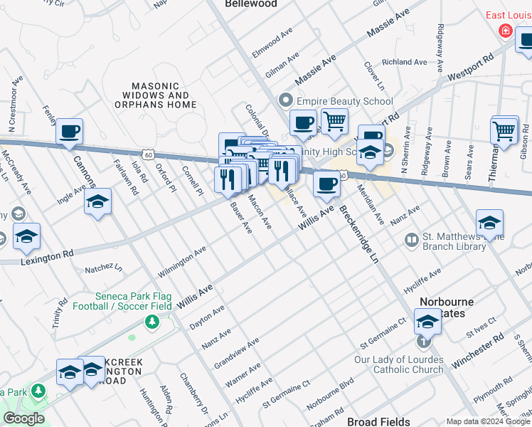 map of restaurants, bars, coffee shops, grocery stores, and more near 401 Macon Avenue in Louisville