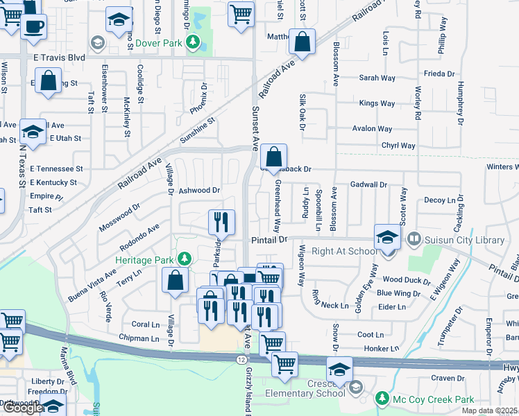 map of restaurants, bars, coffee shops, grocery stores, and more near 313 Sandy Lane in Suisun City