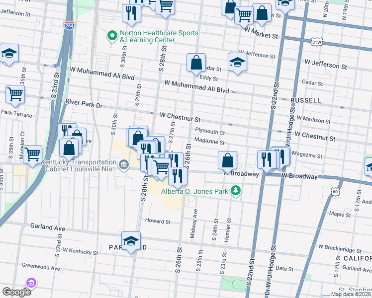 map of restaurants, bars, coffee shops, grocery stores, and more near 2614 Magazine Street in Louisville