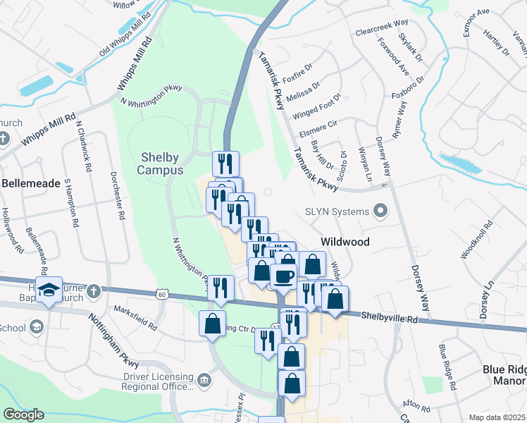 map of restaurants, bars, coffee shops, grocery stores, and more near 301 North Hurstbourne Parkway in Louisville