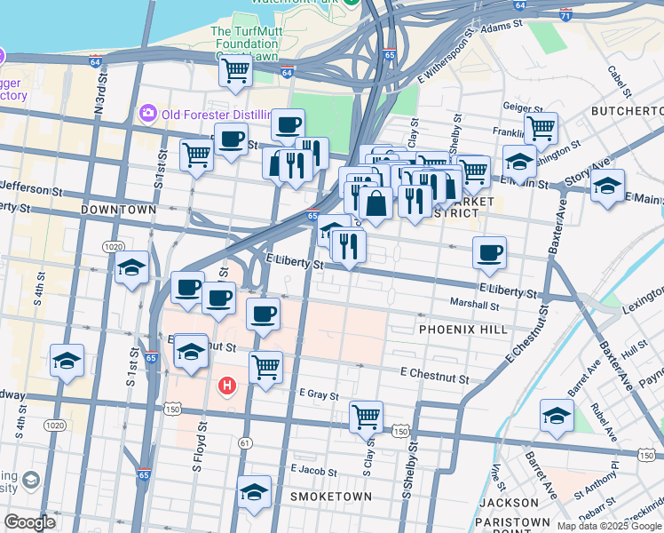 map of restaurants, bars, coffee shops, grocery stores, and more near 514 East Liberty Street in Louisville