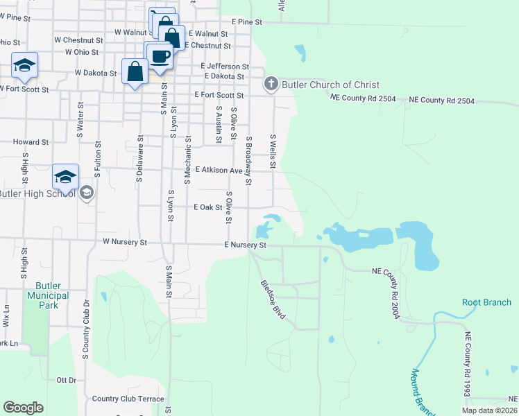 map of restaurants, bars, coffee shops, grocery stores, and more near 602 East Oak Street in Butler