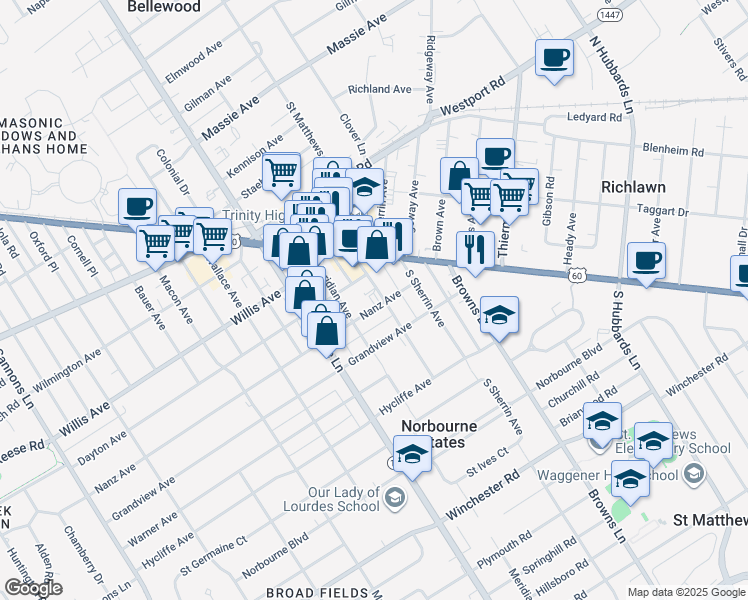 map of restaurants, bars, coffee shops, grocery stores, and more near 125 Fairfax Avenue in Louisville