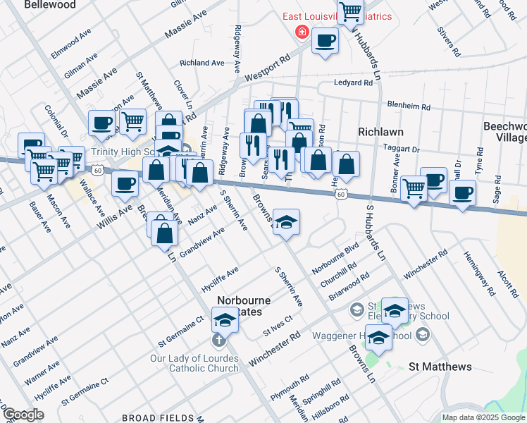 map of restaurants, bars, coffee shops, grocery stores, and more near 202 Browns Lane in Louisville