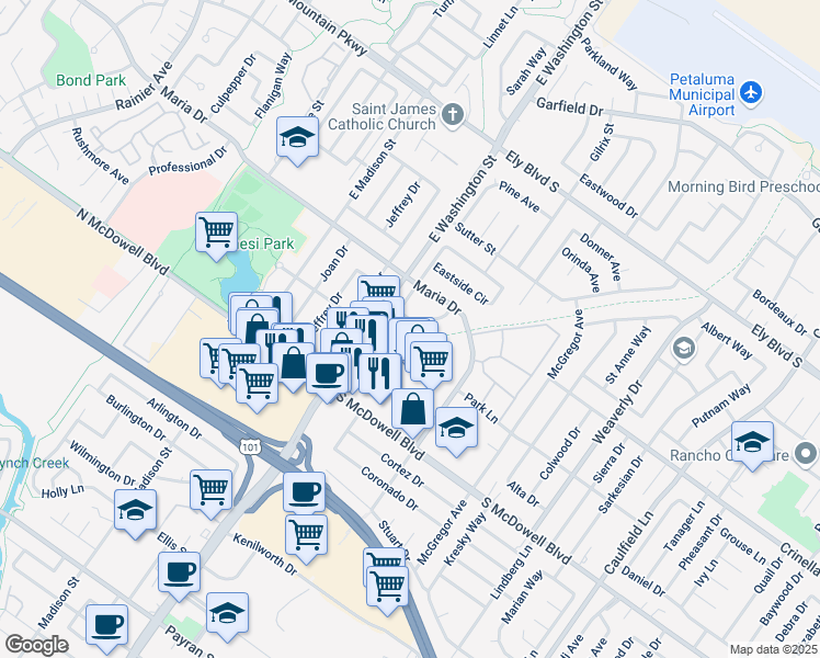 map of restaurants, bars, coffee shops, grocery stores, and more near 1570 Creekside Drive in Petaluma