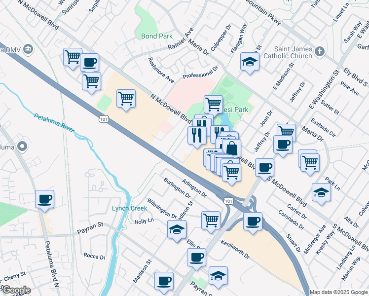 map of restaurants, bars, coffee shops, grocery stores, and more near 333 North McDowell Boulevard in Petaluma