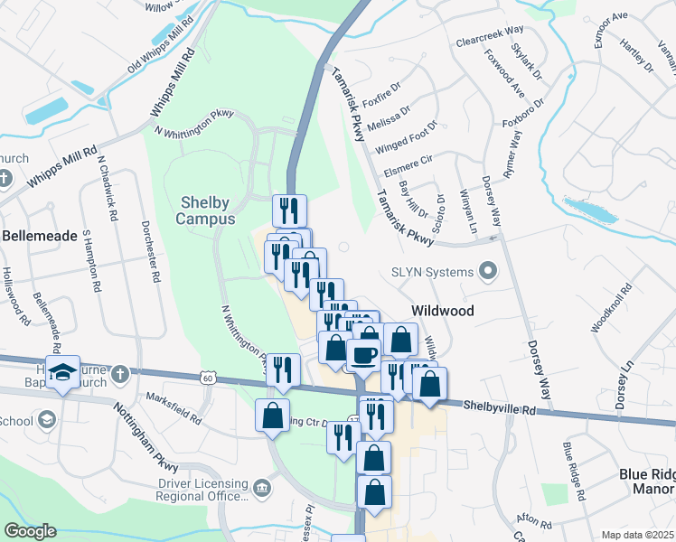 map of restaurants, bars, coffee shops, grocery stores, and more near 301 North Hurstbourne Parkway in Louisville