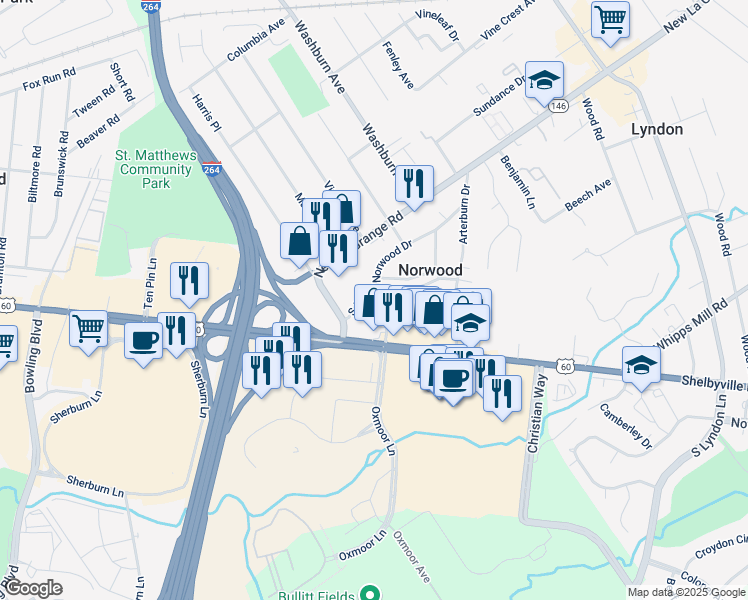 map of restaurants, bars, coffee shops, grocery stores, and more near 7410 South Park Place in Louisville