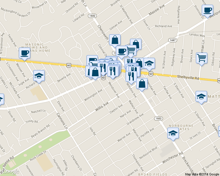 map of restaurants, bars, coffee shops, grocery stores, and more near 400 Wallace Avenue in Saint Matthews