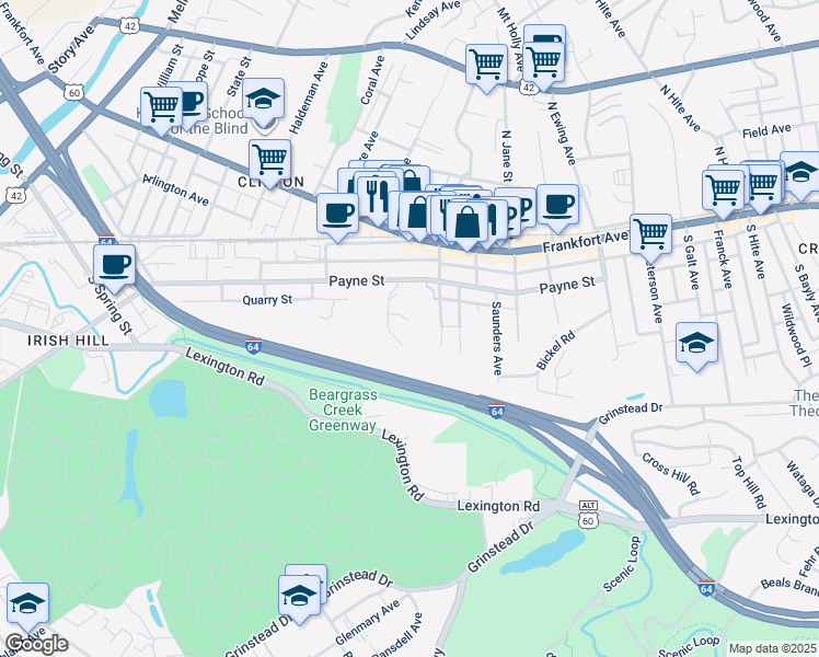 map of restaurants, bars, coffee shops, grocery stores, and more near 2118 Payne Street in Louisville