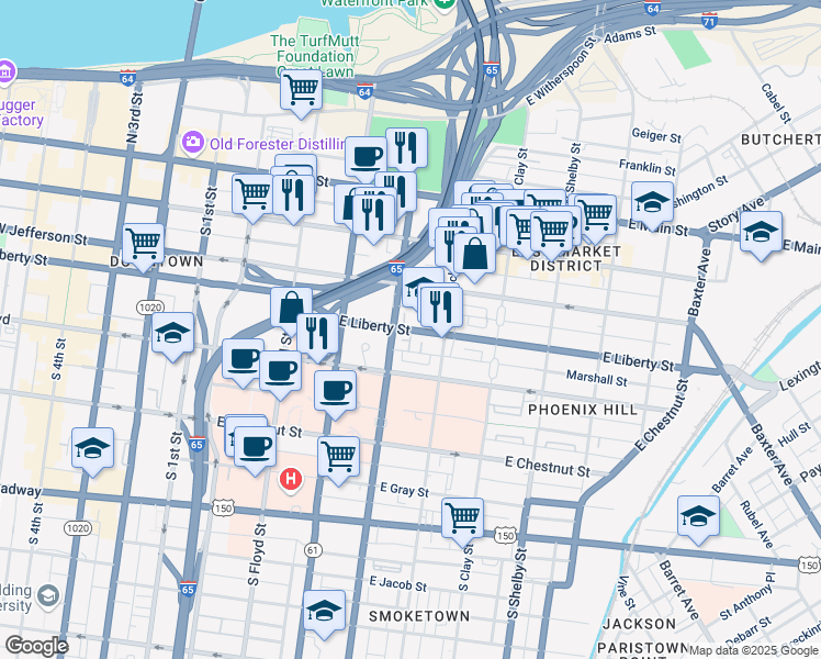 map of restaurants, bars, coffee shops, grocery stores, and more near 533 East Liberty Street in Louisville