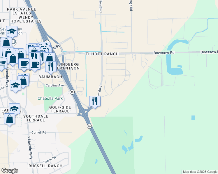 map of restaurants, bars, coffee shops, grocery stores, and more near 10850 Boessow Road in Galt