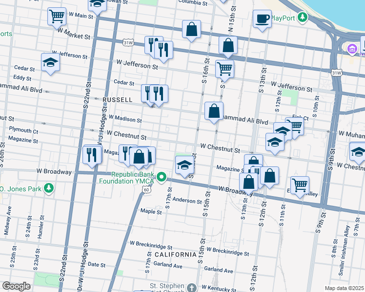 map of restaurants, bars, coffee shops, grocery stores, and more near 1620 West Chestnut Street in Louisville