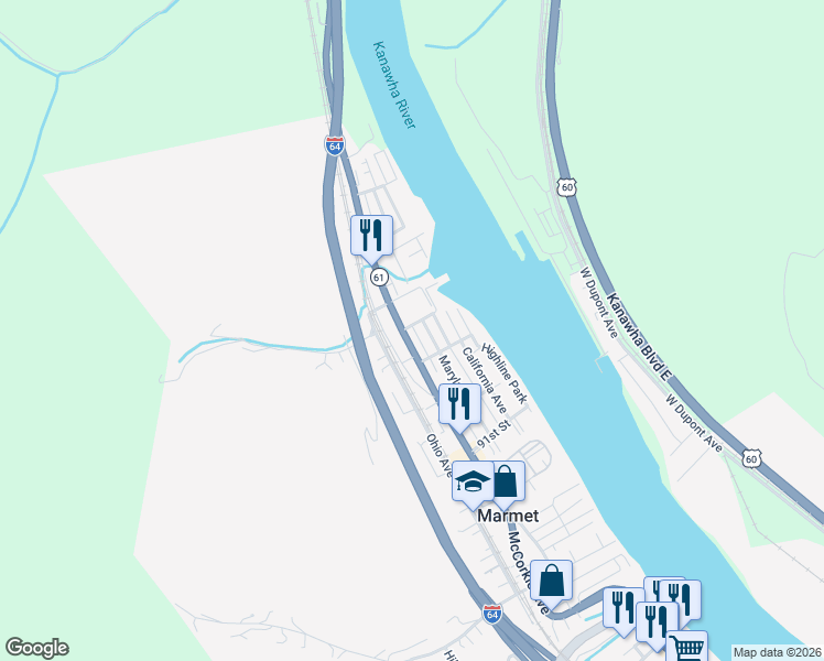 map of restaurants, bars, coffee shops, grocery stores, and more near 8493-8513 Maccorkle Avenue in Marmet