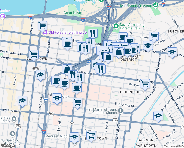 map of restaurants, bars, coffee shops, grocery stores, and more near 514 East Liberty Street in Louisville