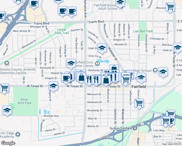 map of restaurants, bars, coffee shops, grocery stores, and more near 1234 Empire Street in Fairfield