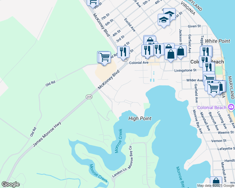 map of restaurants, bars, coffee shops, grocery stores, and more near 611 Monroe Point Drive in Colonial Beach