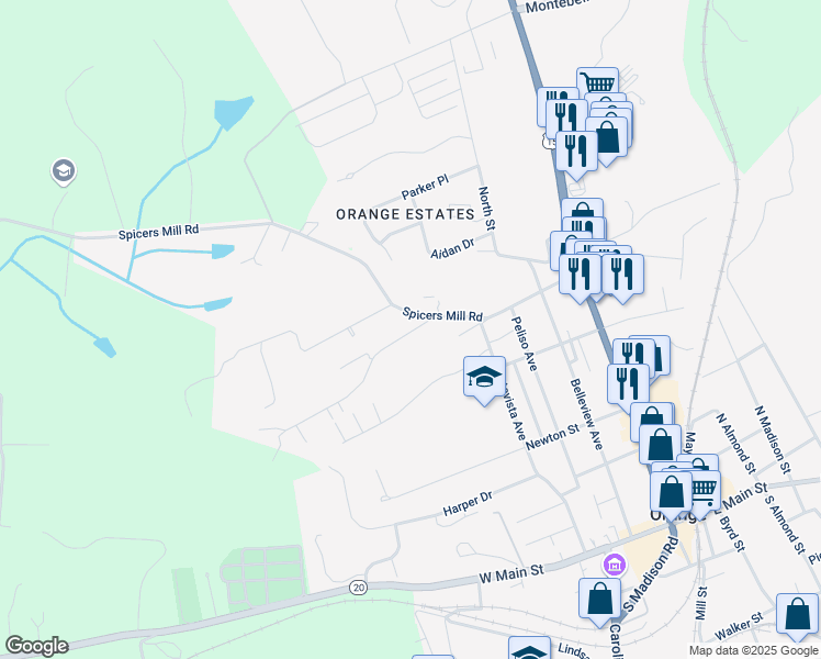 map of restaurants, bars, coffee shops, grocery stores, and more near 248 Spicers Mill Road in Orange