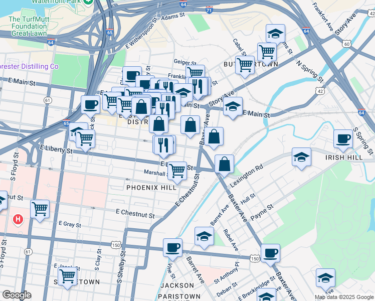 map of restaurants, bars, coffee shops, grocery stores, and more near 1007 East Jefferson Street in Louisville