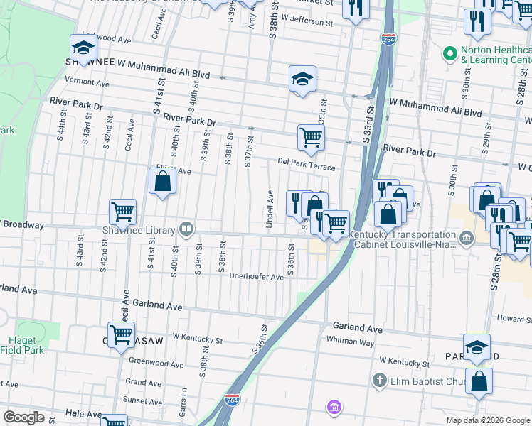 map of restaurants, bars, coffee shops, grocery stores, and more near 657 Lindell Avenue in Louisville