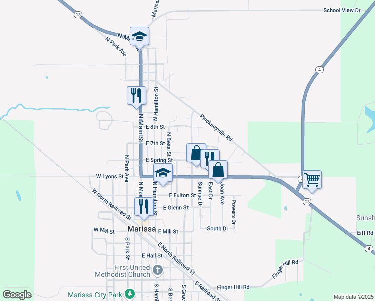 map of restaurants, bars, coffee shops, grocery stores, and more near 1 East Frederick Street in Marissa