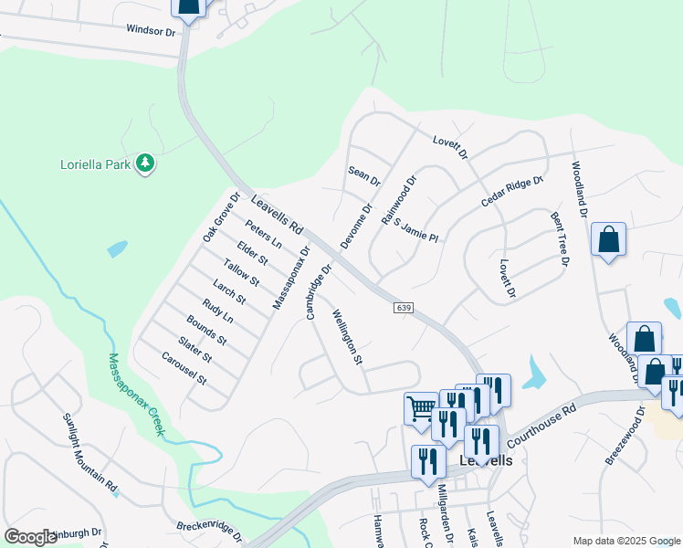 map of restaurants, bars, coffee shops, grocery stores, and more near 10711 Brittany Court in Fredericksburg