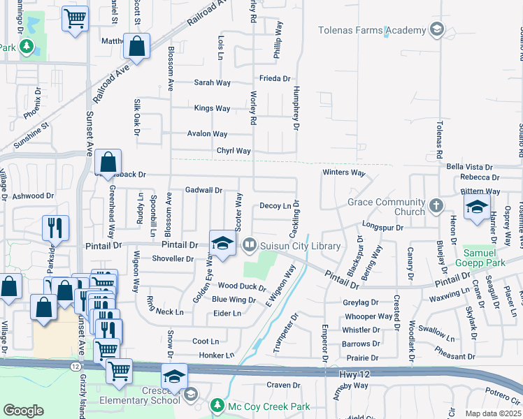map of restaurants, bars, coffee shops, grocery stores, and more near 605 Decoy Lane in Suisun City