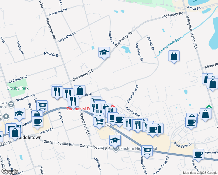 map of restaurants, bars, coffee shops, grocery stores, and more near 504 Woodview Circle in Louisville