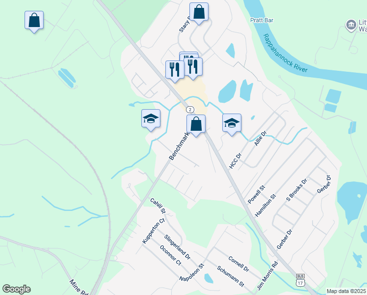 map of restaurants, bars, coffee shops, grocery stores, and more near 10621 Benchmark Road in Fredericksburg