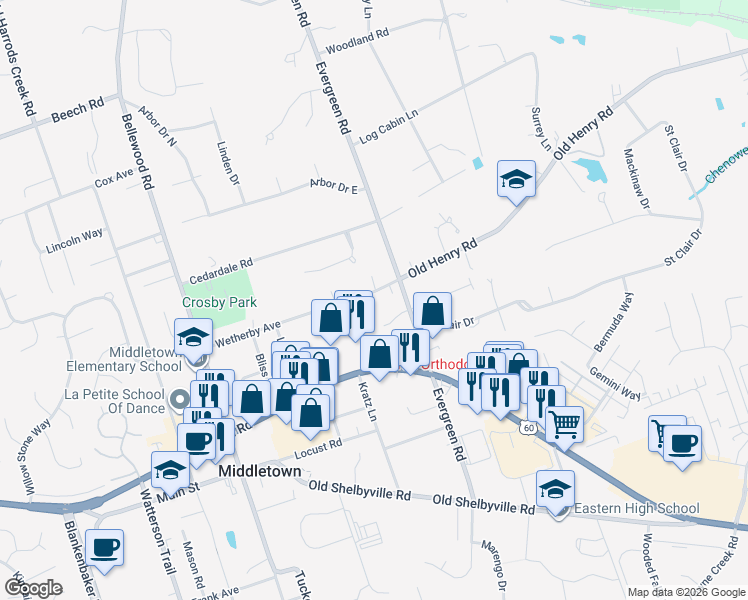 map of restaurants, bars, coffee shops, grocery stores, and more near 11905 Wetherby Avenue in Louisville