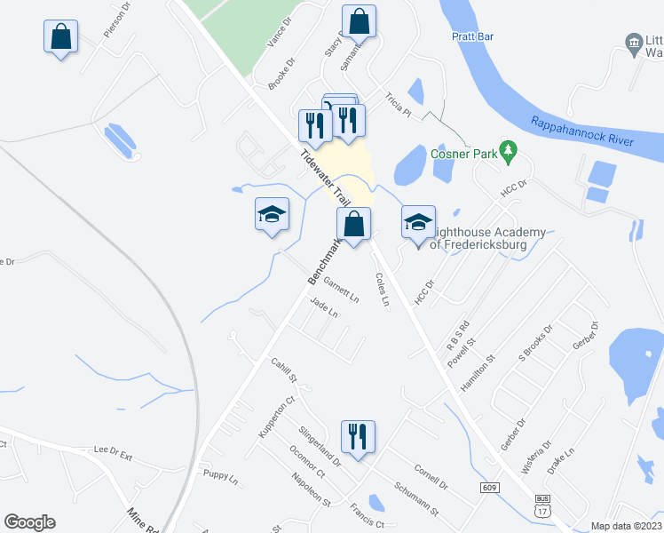 map of restaurants, bars, coffee shops, grocery stores, and more near 10621 Benchmark Road in Fredericksburg