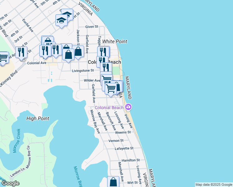 map of restaurants, bars, coffee shops, grocery stores, and more near 104 Taylor Street in Colonial Beach