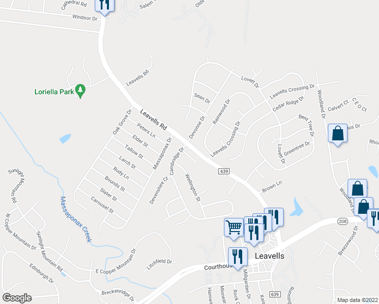 map of restaurants, bars, coffee shops, grocery stores, and more near 10711 Brittany Court in Fredericksburg