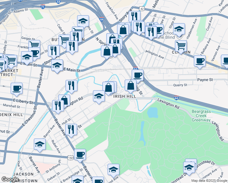 map of restaurants, bars, coffee shops, grocery stores, and more near 303 Axis Drive in Louisville