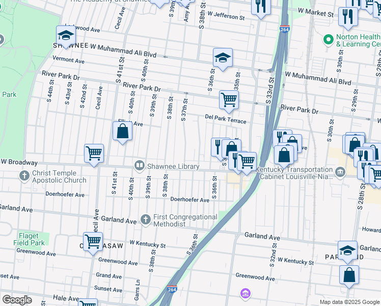 map of restaurants, bars, coffee shops, grocery stores, and more near 660 South 37th Street in Louisville