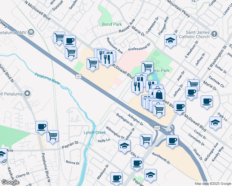 map of restaurants, bars, coffee shops, grocery stores, and more near 157 Lynch Creek Way in Petaluma