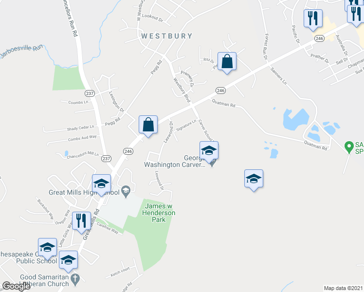 map of restaurants, bars, coffee shops, grocery stores, and more near 21290 Mayfaire Lane in Lexington Park