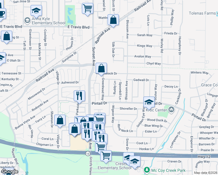 map of restaurants, bars, coffee shops, grocery stores, and more near Redhead Way in Suisun City