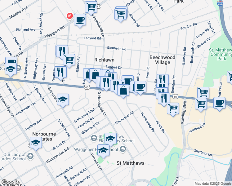 map of restaurants, bars, coffee shops, grocery stores, and more near 4226 U.S. 60 in Saint Matthews