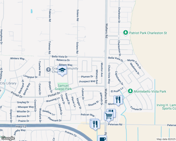 map of restaurants, bars, coffee shops, grocery stores, and more near 841 Tulare Circle in Suisun City