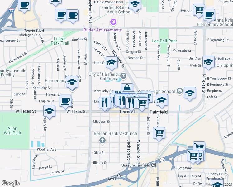 map of restaurants, bars, coffee shops, grocery stores, and more near 835 Madison Street in Fairfield