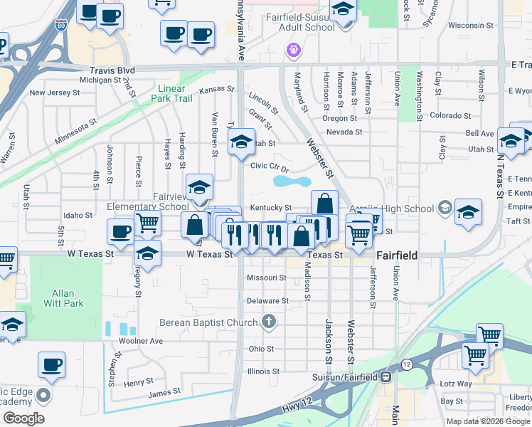 map of restaurants, bars, coffee shops, grocery stores, and more near 1234 Empire Street in Fairfield