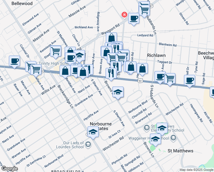 map of restaurants, bars, coffee shops, grocery stores, and more near 112 Browns Lane in Louisville