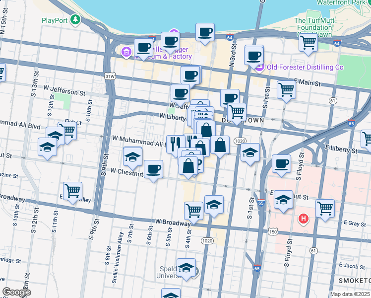 map of restaurants, bars, coffee shops, grocery stores, and more near 501 West Muhammad Ali Boulevard in Louisville